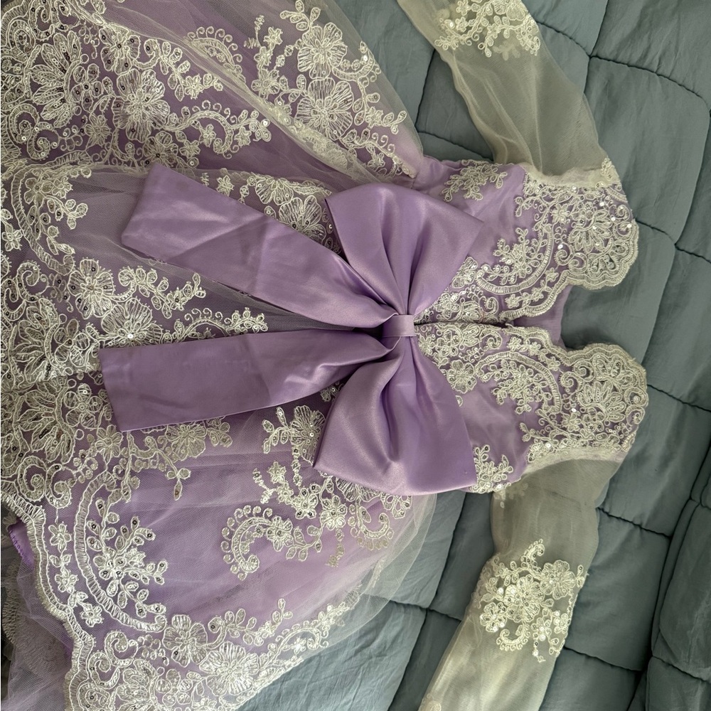 Amazon Purple Gown with Bishop Sleeves and Crew Neck for Brides